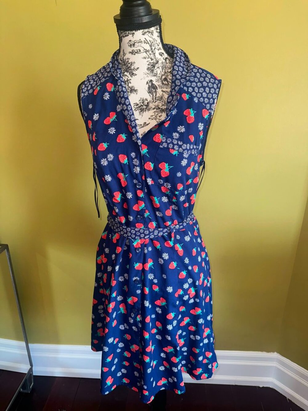 Vintage Retro Strawberry Print Midi Collared Dress Blue Daisy Cottagecore Summer - Picture 4 of 13